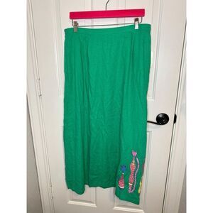 Deadstock VTG Stonebridge Kelly Green Linen Artsy Cat Novelty Print Maxi Skirt